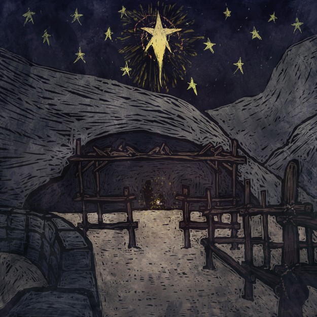 Digital Illustration of the nativity with baby jesus in the stable