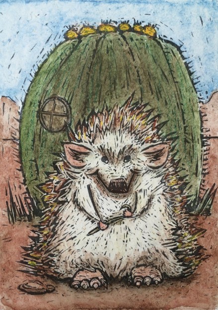 Watercolor illustration of a hedgehog in front of his cactus house for a children's picture book