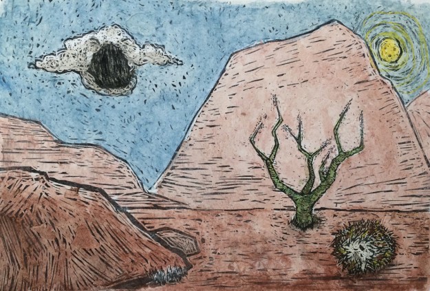 Watercolor illustration of a hedgehog in the desert for a children's picture book