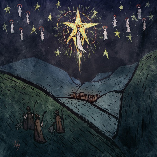 Digital Illustration of the shepards from the nativity listening to the angels tell them about Jesus Christ