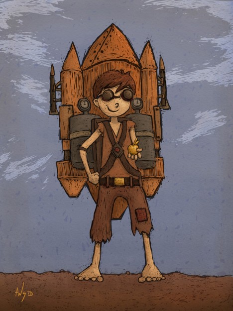 Digital Illustration of a boy with a rocket for a children's picture book