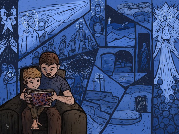 Digital Illustration of a father telling his child stories about Jesus Christ from the scriptures