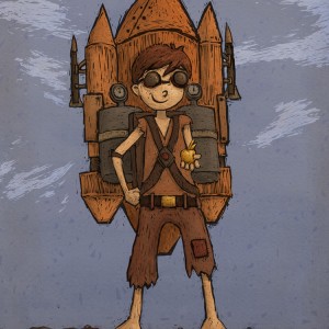 Digital Illustration of a boy with a rocket for a children's picture book