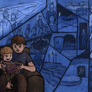 Digital Illustration of a father telling his child stories about Jesus Christ from the scriptures